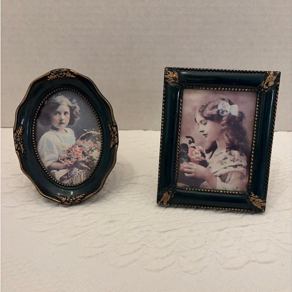 Vintage Style Victorian Girl Picture Frame Set Green Gold Ornate 3x4 Decor